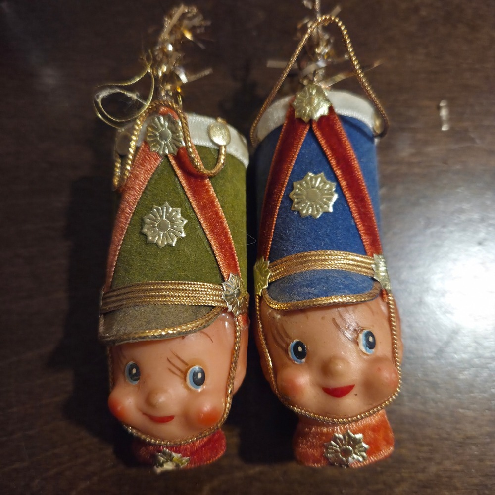 Vintage Mid Century Modern Christmas Soldier Elf Ornaments Velvet Flocked Set/2